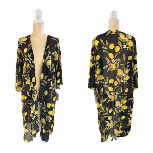 LuLaRoe Sweaters - Lularoe Shirley Black Sheer Lemon Print Duster Kimono Cardigan